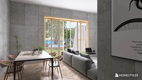 modern living room design featuring a concrete wall and large windows, showcasing an open space value with a cozy ambiance, utilizing Homestyler's real-time 3D rendering feature.