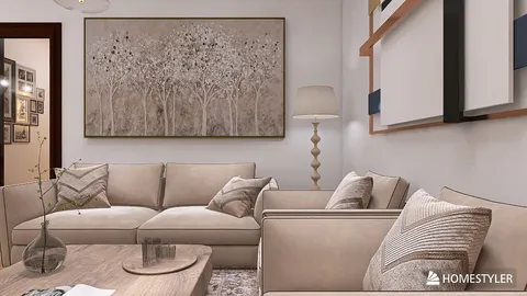 Cozy living room with a neutral color palette featuring a large canvas artwork of trees, showcasing a minimalist design style that emphasizes warmth and comfort, utilizing Homestyler's real-time 3D rendering for an accurate visual preview.