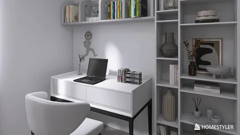 home office setup with a white desk and chair, optimizing space with smart furniture arrangement in a modern minimalist style, featuring Homestyler's real-time 3D rendering functionality.