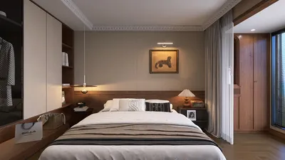 bedroom interior design showcasing a modern cozy layout with smart furniture arrangement optimizing small space value using Homestyler's real-time 3D rendering feature.
