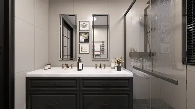 modern bathroom vanity design with dual sinks featuring elegant fixtures and warm lighting, showcasing interior decor with a stylish touch, enhanced using Homestyler's real-time 3D rendering functionality.