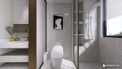 modern bathroom design featuring a sleek shower area and elegant fixtures, showcasing interior decor aesthetics with Homestyler's real-time 3D rendering functionality