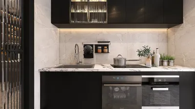 black kitchen cabinetry showcasing a sleek design with modern appliances in an elegant style, featuring interior decor elements for a sophisticated cooking space, utilizing Homestyler's real-time 3D rendering for effective renovation previews