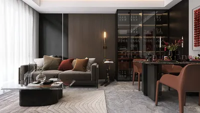 modern living room furniture arrangement showcasing a cozy sofa and dining setup with contemporary design elements, emphasizing space optimization and utilizing Homestyler's smart furniture layout feature