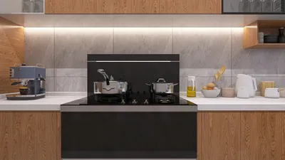 contemporary kitchen design featuring a sleek black cooktop and modern appliances, showcasing practical styling and elegance; utilizing Homestyler's real-time 3D rendering for an immersive interior design experience.