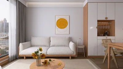 Cozy living room featuring a neutral-toned sofa and modern wooden furniture, designed with minimalistic style to enhance space value, utilizing Homestyler's real-time 3D rendering for design proposal visualization.