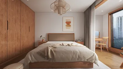 Modern bedroom design featuring a wooden bed and wardrobe with a soft color palette, showcasing a cozy atmosphere, ideal for interior decor inspiration using Homestyler's real-time 3D rendering feature.