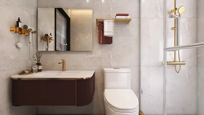 modern bathroom design featuring a stylish vanity and toilet in a luxurious space with gold accents, showcasing 3D interior rendering capabilities of Homestyler for an elegant decor experience