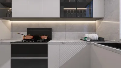 modern kitchen design featuring sleek cabinets and marble countertops with a focus on luxury cooking experience, utilizing Homestyler's smart furniture arrangement function.