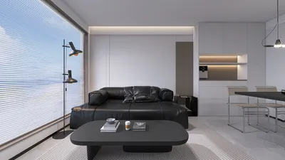 modern living room with stylish black sofa and sleek coffee table showcasing a minimalist design aesthetic, emphasizing open space value with Homestyler's real-time 3D rendering feature