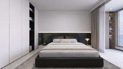 modern bedroom with sleek black bed and minimalist decor optimizing small space using smart furniture arrangement features of Homestyler