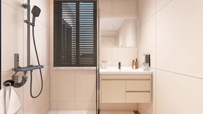 modern bathroom design featuring a sleek shower setup and minimalist vanity, showcasing efficient interior decor for small spaces; utilizing Homestyler's real-time 3D rendering for fast design previews.