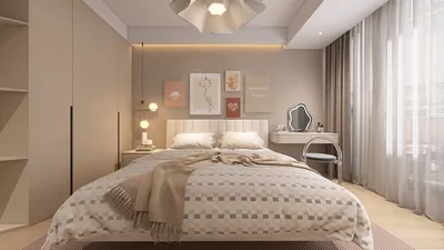 modern bedroom design featuring a cozy bed with a patterned duvet, elegant wall art, and soft lighting, showcasing interior decor ideas for a restful space; includes Homestyler's real-time 3D rendering feature for design previews.