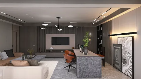 modern living room design featuring a sleek grey sofa, stylish wooden accents, and an elegant workspace, showcasing interior decor elements with a focus on real-time 3D rendering capabilities.