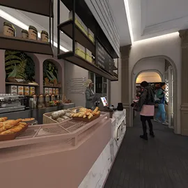 A modern coffee shop with a sleek counter layout, featuring bakery items and a barista serving customers, designed in a contemporary style, enhancing the urban cafe experience with Homestyler's real-time 3D rendering.