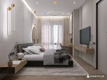modern bedroom design featuring a cozy bed and stylish decor, showcasing a minimalist style with wooden accents; interior design using Homestyler's real-time 3D rendering feature for effective visualization.