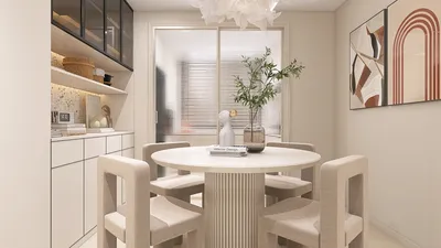 Modern dining room featuring a round table with soft seating, showcasing a minimalist design style, ideal for enhancing small space functionality with Homestyler's intelligent furniture arrangement feature.
