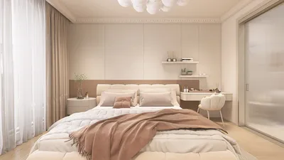 spacious bedroom with a modern design incorporating a cozy bed arrangement and elegant decor style, showcasing interior design optimization using Homestyler's real-time 3D rendering feature.
