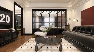 living room with glass room divider featuring contemporary furniture arrangement in a modern style showcasing interior design with Homestyler's real-time 3D rendering feature