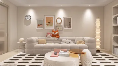 cozy living room with modern sofa arrangement and minimalist decor showcasing wall art; ideal for creating an inviting space using Homestyler's real-time 3D rendering feature.