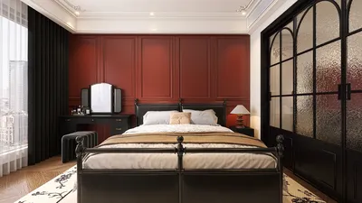 bedroom interior design showcasing a contemporary black metal bedframe with elegant bedding, featuring rich red accent walls and a stylish vanity area, enhanced by Homestyler's real-time 3D rendering for an immersive design preview.