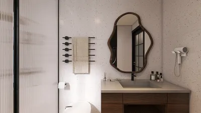 modern bathroom design with a stylish mirror and minimalist sink layout, showcasing interior decor elements for small space optimization, featuring Homestyler's real-time 3D rendering functionality.