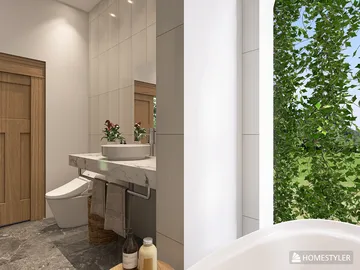 Modern bathroom design featuring a sleek vanity with a bowl sink and natural wood accents, utilizing Homestyler's real-time 3D rendering for a realistic preview.