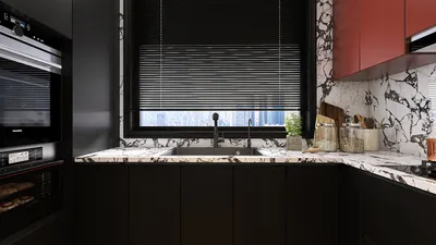 modern kitchen design featuring a marble countertop and sleek cabinetry with a window view, showcasing smart furniture placement for space optimization, utilizing Homestyler's real-time 3D rendering functionality.