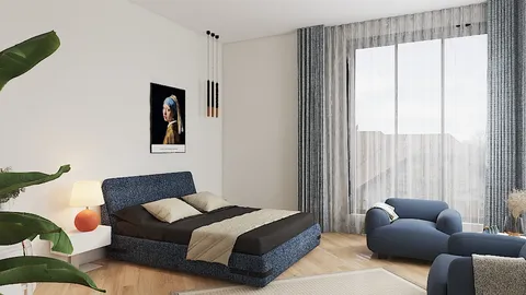 modern bedroom design featuring a comfortable bed and cozy seating area in a minimalist style, showcasing how to optimize small spaces with Homestyler's smart furniture arrangement feature.