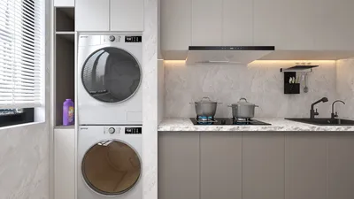 modern laundry area featuring washing machine and dryer with cooking range, optimized for small space design, demonstrating Homestyler's real-time 3D rendering capabilities