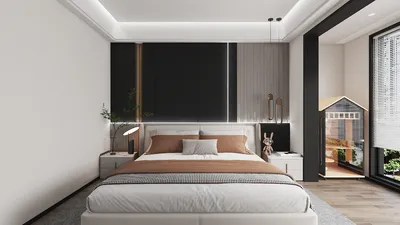 Modern bedroom design featuring a sleek bed arrangement with warm accent colors and minimalist decor, emphasizing smart furniture layout for space optimization using Homestyler's real-time 3D rendering.