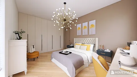 modern bedroom design showcasing a stylish bed setup with elegant decor elements, featuring a warm color palette, optimized using Homestyler's real-time 3D rendering for interior design projects.