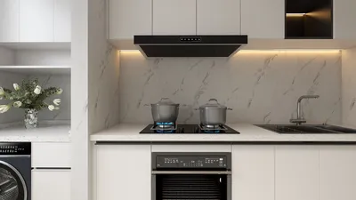 Modern kitchen design showcasing a sleek stove with pots simmering, highlighting a minimalist aesthetic in a functional cooking space; utilizes Homestyler's real-time 3D rendering feature for accurate design proposals.
