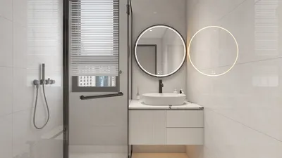 modern bathroom design featuring a sleek shower area and a circular mirror, showcasing minimalist aesthetics and functionality, ideal for contemporary interior decor with Homestyler's real-time 3D rendering capability.