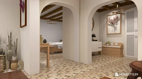 Interior entrance showcasing a warm design aesthetic with arched doorways and wooden ceiling beams, enhancing the open layout and inviting ambiance, utilizing Homestyler's real-time 3D rendering for an accurate design visualization.