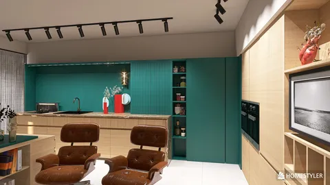 Modern kitchen design featuring sleek cabinetry and a teal accent wall, showcasing smart furniture arrangement for optimal space utilization, using Homestyler's real-time 3D rendering functionality.