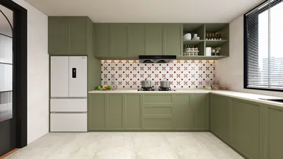 Modern kitchen design featuring green cabinetry and patterned backsplash, showcasing the use of Homestyler's real-time 3D rendering for an efficient renovation preview.