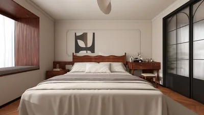 modern bedroom design featuring a wooden bed and nightstands, showcasing stylish decor elements in a cozy atmosphere, incorporating Homestyler's real-time 3D rendering for accurate interior visualization.