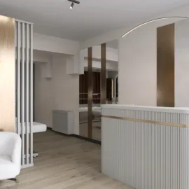 modern reception area featuring minimalist design with a sleek front desk, utilizing Homestyler's real-time 3D rendering for an accurate interior decor visualization.