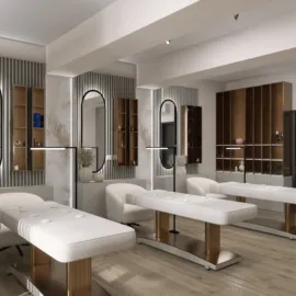 beauty salon interior design showcasing modern furniture arrangement with a minimalist style, emphasizing relaxing space value using Homestyler's real-time 3D rendering feature.