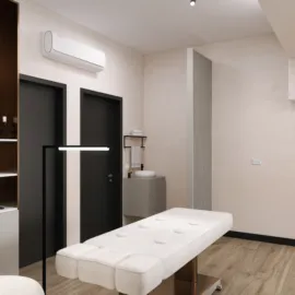 spa room design featuring a massage table, showcasing a modern minimalist style with an emphasis on relaxation and comfort, utilizing Homestyler's real-time 3D rendering capabilities.