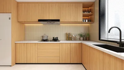 Modern kitchen with wooden cabinetry featuring smart furniture arrangement for space optimization, showcasing Homestyler's 3D rendering capabilities.