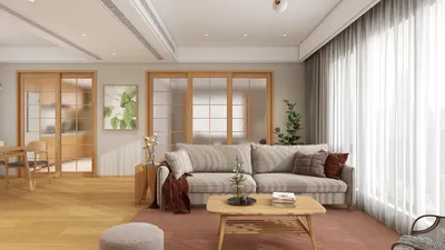 living room with modern sofa layout showcasing a contemporary interior design style and warm ambiance, featuring Homestyler's real-time 3D rendering capability for instant design previews.