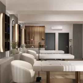 modern beauty salon design featuring sleek treatment tables and stylish decor, showcasing interior decor ideas for a luxury spa experience, utilizing Homestyler's real-time 3D rendering feature.