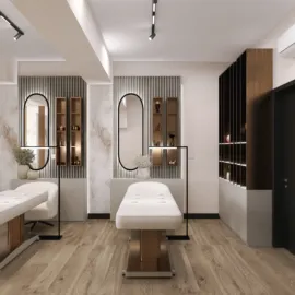 spa treatment room featuring elegant furnishings and soothing design, emphasizing relaxation with natural wood elements, showcasing Homestyler's real-time 3D rendering capability.