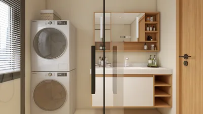 Modern laundry room featuring a washer and dryer set, designed for efficient use of space, in a minimalist style with warm wood accents; showcasing Homestyler's real-time 3D rendering capability.
