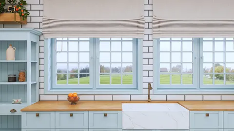Bright kitchen with blue cabinets and large windows showcasing outdoor views, featuring a modern farmhouse style and utilizing Homestyler's real-time 3D rendering to preview design proposals.
