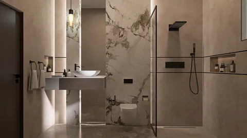 modern bathroom design featuring a minimalist style with elegant marble walls and sleek fixtures, showcasing Homestyler's real-time 3D rendering for accurate interior visualization.