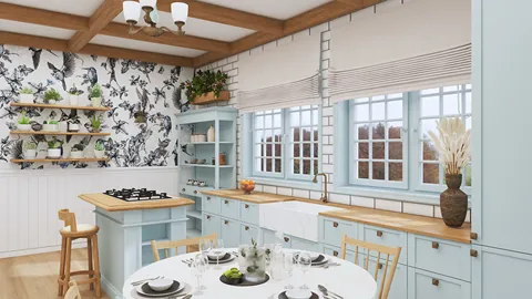 Bright kitchen featuring a contemporary setup with a wooden dining table and blue cabinetry, showcasing a floral wallpaper design, ideal for interior decor ideas; created using Homestyler's real-time 3D rendering feature.