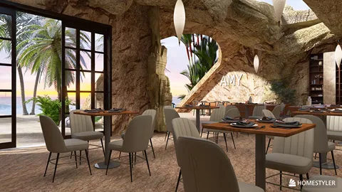 Dining area with tables arranged for a beachside restaurant, featuring a natural stone aesthetic, incorporating an organic style, showcasing homestyler's real-time 3D rendering for an immersive interior design experience.